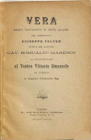 Vera : ballo fantastico in sette quadri ; da rappresentarsi al Teatro Vittorio Emanuele in Torino la stagione d'autunno 1894