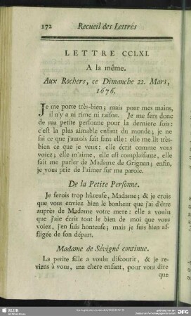Lettre CCLXI. A la même. Aux Rochers, ce Dimanche 22. Mars, 1676
