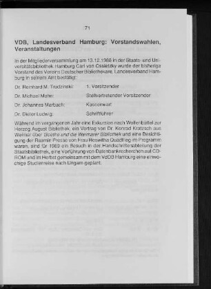 VDB, Landesverband Hamburg: Vorstandswahlen, Veranstaltungen