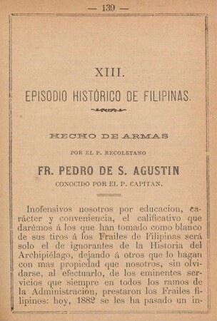 XIII. Hecho de armas por el P. Recoletano Fr. Pedro de S. Augustin, conocido por el P. Capitan