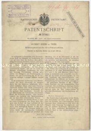 Patentschrift einer atmosphärischen Kraftmaschine, Patent-Nr. 37961