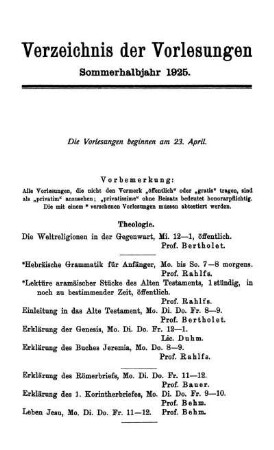 Verzeichnis der Vorlesungen Sommerhalbjahr 1925.