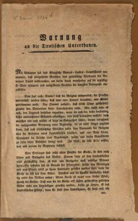 Warnung an die Tirolischen Unterthanen