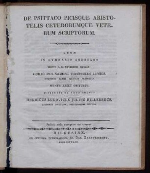 De Psittaco Picisque Aristotelis Ceterorumque Veterum Scriptorum