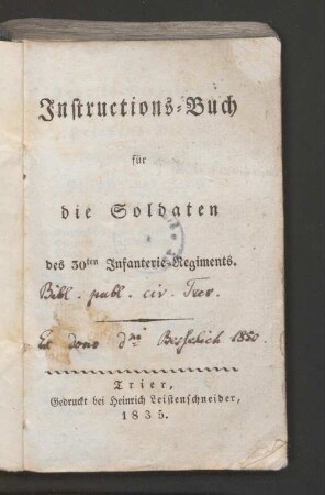 Instructions-Buch für die Soldaten des 30ten Infanterie-Regiments