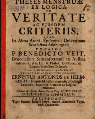 Theses ... ex logica de veritate eiusque criteriis