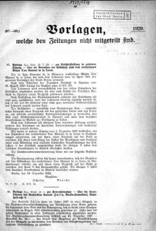 Anlage: (67-68), Vorlagen, welche den Zeitungen nicht mitgeteilt sind, 11. Januar 1929
