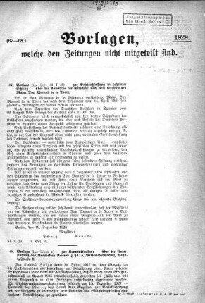Anlage: (67-68), Vorlagen, welche den Zeitungen nicht mitgeteilt sind, 11. Januar 1929