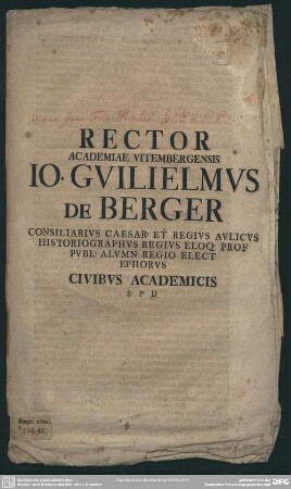 Rector Academiae Vitembergensis Jo. Guilielmus De Berger ... Civibus Academicis S. P. D.