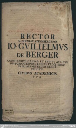 Rector Academiae Vitembergensis Jo. Guilielmus De Berger ... Civibus Academicis S. P. D.