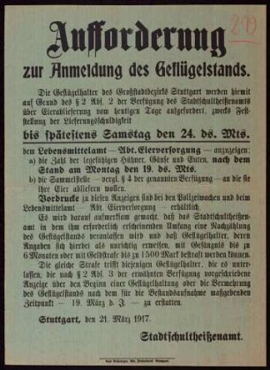 "Aufforderung zur Anmeldung des Geflügelstands" bis zum 24. März in Stuttgart