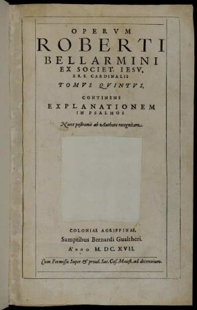 5: Operum Roberti Bellarmini ... Tomus .... 5