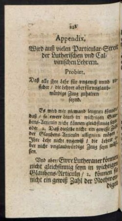 Appendix. Wird auß vielen Particular-Streit der Lutherischen und Calvinischen Lehrern.