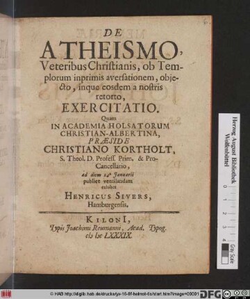 De Atheismo, Veteribus Christianis, ob Templorum inprimis aversationem, obiecto, inque eosdem a nostris retorto, Exercitatio