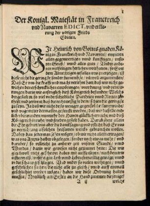 Der Konigl. Maiestät in Franckreich und Navarren Edict, und erklerung der vorigen Frieds Edicten.