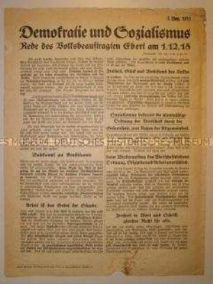 Flugblatt mit dem Wortlaut einer Rede über Demokratie und Sozialismus von Friedrich Ebert am 1. Dezember 1918