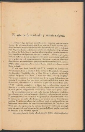 El arte de Strawinski y nuestra época