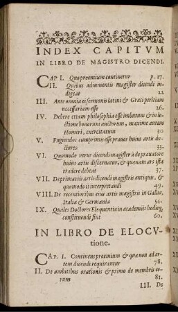 Index Capitum In Libro De Magistro Dicendi [und] In Libro De Elocutione