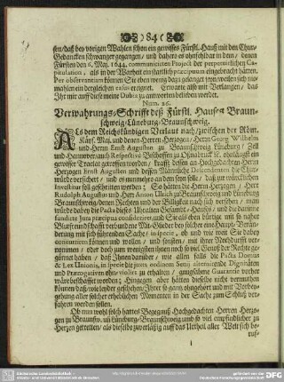 Num. 26. Verwahrungs-Schrift deß Fürstl. Hauses Braunschweig-Lüneburg-Braunschweig