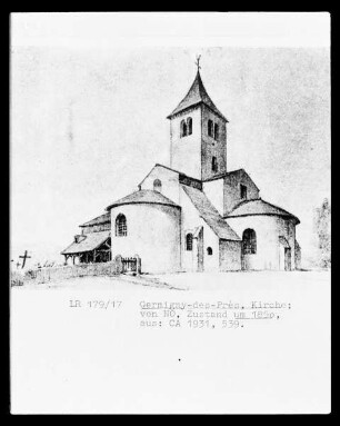 Germigny-des-Prés: Nordost-Ansicht Eglise de la Très-Sainte-Trinité, Zustand um 1850