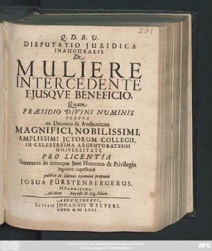 Disputatio Iuridica Inauguralis De Muliere Intercedente Eiusque Beneficio