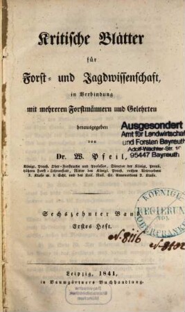 Kritische Blätter für Forst- und Jagdwissenschaft, 16. 1841