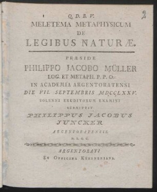 Meletema Metaphysicum De Legibus Naturæ