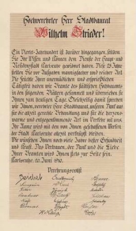Strieder, Wilhelm. Widmungsschreiben