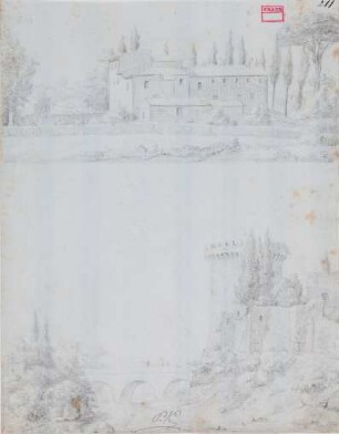 Gehöft mit Pinien und Zypressen - Brücke mit zinnenbewehrtem Turm und Stadtmauer (Italien)