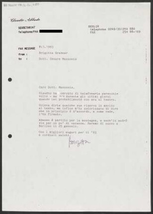 Brief an Cesare Mazzonis, 02.01.1993