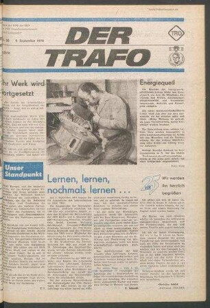 TRO-Betriebszeitung 'Der Trafo'; Nr. 36/1974 (9. September 1974)