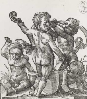 Vier musizierende Genien : Amman, Jost: Vier musizierende Genien. In: Das Kunst- und Lehrbüchlein, Ausgabe 1669. Holzschnitt; 116 x 105 mm. Dresden: Kupferstich-Kabinett A 4227 in A 138 c, A 237-89