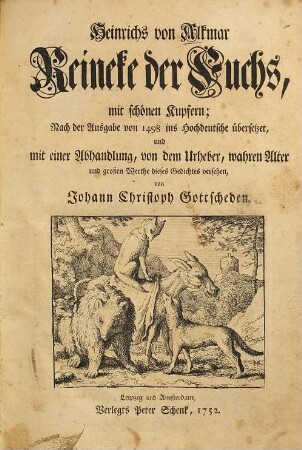 Heinrichs von Alkmar Reineke der Fuchs : mit schönen Kupfern