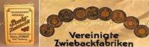 Vorrats-Blechdose mit seitlich angebrachtem Kettchen für "FRIEDRICHSDORFER ORIGINAL Pauly-Zwieback Vereinigte Zwiebackfabriken Henry und J.F. PAULY Bad Homburg"
