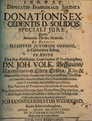 Disp. inaug. iur. de donationis excedentis D. solidos speciali iure