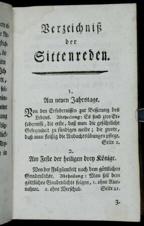 Verzeichniß der Sittenreden.