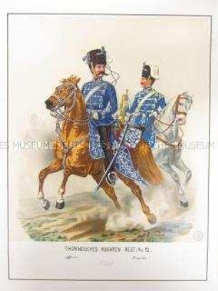 Uniformdarstellung, Offizier und Trompeter des Thüringischen Husaren-Regiments No. 12 zu Pferd, Preußen, 1864. Tafel 59 aus: Schindler: Militair-Album.