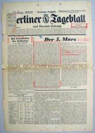 Titelseite des "Berliner Tageblatt" u.a. zur Reichstagswahl am 5. März