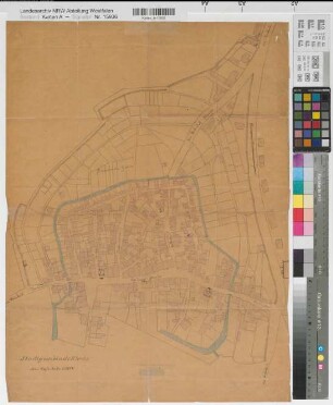 Rheda (Rheda-Wiedenbrück) Stadtplan 1.H. 20.Jh. 1 : 1250 63 x 47 kol. Zeichnung Oberpostdirektion Münster