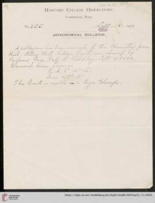 Briefe von Edward Charles Pickering an Max Wolf: Brief von Edward Charles Pickering an Max Wolf
