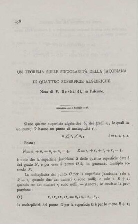 Un teorema sulle singolarità della Jacobiana di quattro superficie algebriche.