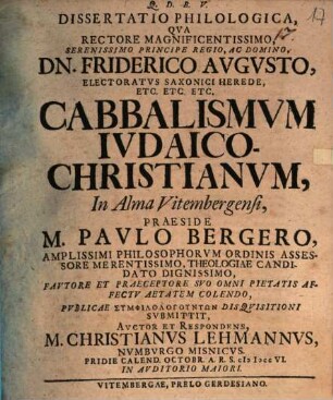 Dissertatio Philologica, Qva... Cabbalismvm Ivdaico-Christianvm