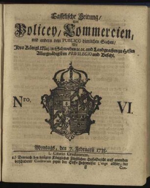Nro. VI, Montags, den 7. Februarii 1735