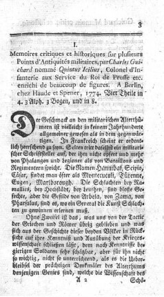 Mémoires critiques et historiques sur plusieurs points d'antiquités militaires. P.1-4.