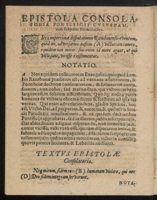 Epistola Consolatoria Pontificii Cuiusdam, cum subiectis Notationibus.