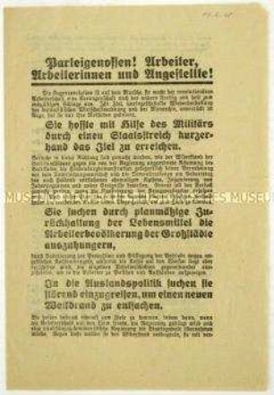 Flugblatt der USPD gegen die Reichsregierung und Aufruf zum Beitritt
