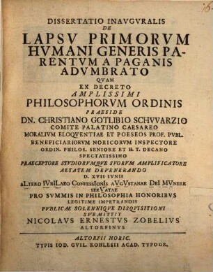 Diss. inaug. de lapsu primorum humani generis parentum a paganis adumbrato