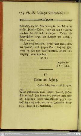 57. Gleim an Lessing. Halberstadt, den 21. März 1770