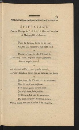 Épithalame. Pour le Mariage de L.A.S.M. le Duc De Vendome & Mademoiselle D'Anguien.