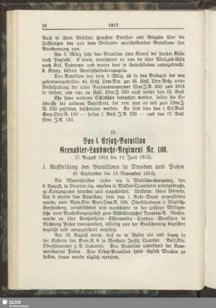 IV. Das I. Ersatz-Bataillon Grenadier-Landwehr-Regiment Nr. 100